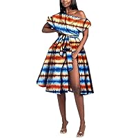 African Dresses for Women Sexy Slash Neck Split Print Dress Plus Size Outfits Party Print Dress with Belt