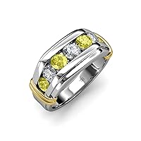 Round Yellow and White Diamond 1 ctw 7 Stone Channel Set Men Wedding Ring 14K Gold