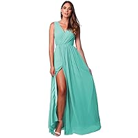 WaterDress Chiffon V-Neck Bridesmaid Dresses with Slit Long Pleated Formal Dress for Women WD013