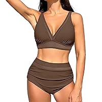 Women's Bikini Sets High Waist Two Piece Sporty Swimsuit V Neck Adjustable Straps Bra Panty Tummy Control Bathing Suits
