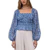 MOON RIVER Women's Square Neck Shirred Puff Sleeve Top