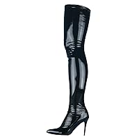 Women's Patent Leather PU Thigh High Boots Pointy Toe Side Zippe tight Long Boot Fashion Comfy Stiletto High Heel Over The Knee Boots,Black,4.5