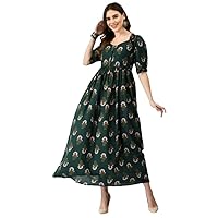 MAFE Women's Cotton Kurti Floral Printed Dress for Wedding and Festival (Green) - Mf_010