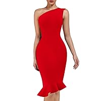 UONBOX Women's One Shoulder Sleeveless Bodycon Dress Midi Mermaid Party Bandage Dress