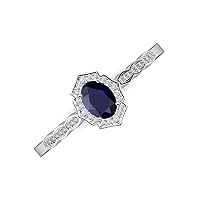 Oval Cut Blue Sapphire & Round Natural Diamond 1 1/8 ctw Women Vintage Scallop Halo Engagement Ring 14K Gold