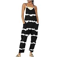 Harem Jumpsuits for Women Casual Striped Print Overalls with Pockets, Casual Sleeveless V Neck Romper Wide Leg Pant