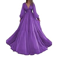 Long Puffy Sleeve Tulle Prom Dress Deep V Neck Princess Evening Dress Ruched Ball Gown A Line CA61