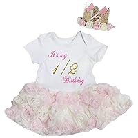 Petitebella Birthday Crown White Bodysuit Beige Pink Rose Tutu Baby Dress Nb-18m