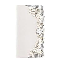 Crystal Wallet Phone Case Compatible with Samsung Galaxy S23 - Flowers - White - 3D Handmade Sparkly Glitter Bling Leather Cover with Screen Protector & Beaded Phone Lanyard