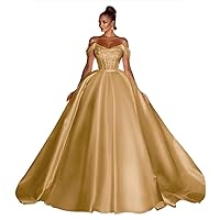 A line Off Shoulder Satin Prom Dress for Women, Long Formal Evening Party Gown Shiny Sequins with Sweep Train