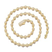 Hip Hop 6MM Bead Round Brass Zircon Iced Out Cuban Link Chain Necklaces For Men Women Jewelry (Gold-9inch(Bracelet))