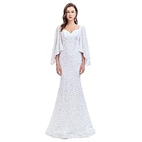 Women¡¯s Sexy Long Sleeves Mermaid Party Dress V Neck Sequins Lace Evening Gowns Formal Maxi Dress