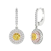 Clara Pucci 2.52 ct Round Cut Double Halo Solitaire Natural Yellow Citrine designer Lever back Drop Dangle Earrings Solid 14k 2 tone Gold