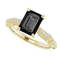 1.00 CT Victorian Emerald Cut Black Diamond Engagement Ring 14k Yellow Gold, Antique Emerald Shape Black Onyx Ring, Milgrain Black Ring, Awesome Ring For Her