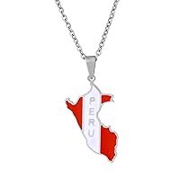Peru Map with Flag Pendant Necklace - Drop Oil World Ethnic Style Clavicle Chain Unisex Patriotic Charm Jewelry SWE