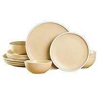 Plates and Bowls Sets, Dishes Set for 4, 12 Pieces Stoneware Dinnerware Set, Kitchen Dishes Porcelain Dishware Sets, Chip and Scratch Resistant, Khaki
