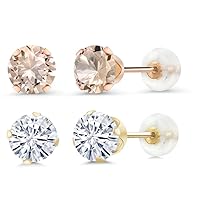 10K Gold Peach Morganite and Created Moissanite Stud Earrings For Women's Bundle Set of 2 (5MM Round Each)