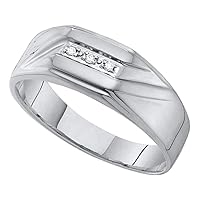 The Diamond Deal 10kt White Gold Mens Round Diamond Grooved 3-Stone Flag Band Ring .03 Cttw