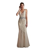 Women's Sexy Deep V-Neck Mermaid Prom Dresses Slim Beaded Lace Ladies Evening Party Gowns Luxurious