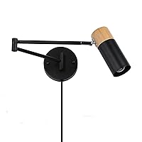 Swing Arm Plug in Wall Sconce for Bedroom, Living Room, Nordic Modern Wall Mounted Reading Light Fixture, Rotatable Wood Base Metal Cylinder Shade, Black (NO Bulb)