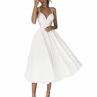 Women's Short Satin Wedding Dresses with Pockets A-Line Spaghetti Criss Cross Back Bridal Gowns