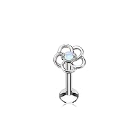 (1 Piece) 16g Straight Flat Back Barbell Opal Centered Hollow Flower Top Surgical Steel