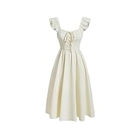 Women's Dress Lace Up Front Ruffle Trim Dress - Beige, Casual A Line Midi Dress with Square Neck and Cap Sleeve