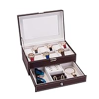 12 Slots Watch Box, Mens Watch Organizer Lockable Jewelry Display Case with Real Glass Top Faux Leather for Women Men