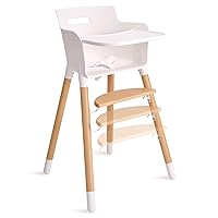 Baby High Chair, Wooden High Chairs for Babies & Toddlers, Highchair with Adjustable Footrest, Solid Beech Wood, Removable Tray, Ergonomic Seat Back, Easy to Assemble & Clean, White