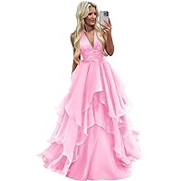 Sexy V-Neck Prom Party Dress Halter Ruffles Tiered Ball Gown Plus Size 2024 Evening Gown