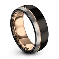 Tungsten Wedding Band Ring 8mm for Men Women 18k Rose Yellow Gold Plated Dome Off Set Line Black Grey Half Brushed Polished
