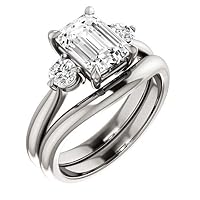 10K Solid White Gold Handmade Engagement Rings 2.5 CT Emerald Cut Moissanite Diamond Solitaire Wedding/Bridal Ring Set for Women/Her Propose Rings Set