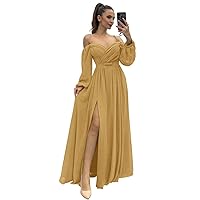 Cold Shoulder Chiffon Bridesmaid Dresses for Wedding 2024 Long Sleeve V Neck A-Line Formal Evening Party Gown with Slit