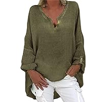Oversized Linen Shirts for Women Plus Size Long Sleeve Solid Tops Casual Loose Fit V Neck Tees 2024 Summer Fashion Blouse