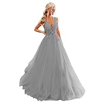TORYEMY Lace Appliques Tulle Prom Dress Long Spaghetti Straps Formal Dresses V Neck Ball Gown for Women