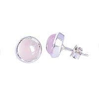 Bezel-set Round Rose Quartz Healing Stone 925 Sterling Silver Push Back Stud Small Earring