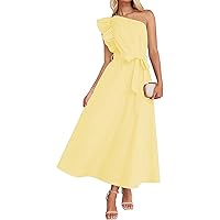 Women's One Shoulder Ruffle Prom Dress 2024 Sleeveless Empire Waist Boho Formal Flowy Maxi Dresses