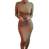 Pink Queen Womens Turtleneck Long Sleeve Knee Length Bodycon Midi Dress M Coffee