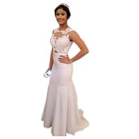 White Lace Applique Illusion Neckline Open Back Mermaid Prom Dress