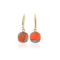 Guntaas Gems Gorgeous Orange & Turquoise Bezel Earring Brass Gold Plated Leverback Drop Dangle Earring For Women Girls