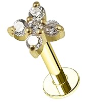 14K Solid Yellow Gold Cruciform Flower Cz Stones Push Fit Top 16 Gauge Labret - Tragus Bar Piercing - Labret Stud Helix - Tragus Piercing Jewelry