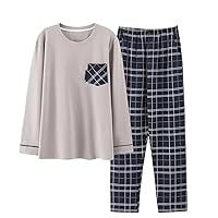 Men's Autumn and Winter Warm Cotton Pajamas Fashion Long Sleeve Plaid Pants Pajama Set Round Neck Large Size