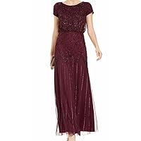 Adrianna Papell Womens Purple Beaded Embellished Short Sleeve Scoop Neck Full-Length Evening Sheath Dress 4
