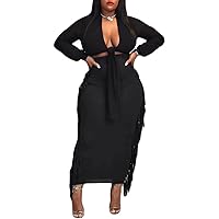 Two Piece Club Outfit for Women Long Sleeve Crop Top Blouse Fringe Bodycon Pencil Skirt Maxi Dress