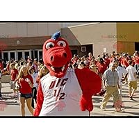 Red and blue dragon REDBROKOLY Mascot with a white t-shirt