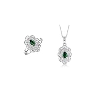 Rylos Women's 14K White Gold Floral Pattern Halo Pendant Necklace & Matching Ring. Gemstone & Diamonds, 18