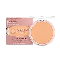 Mineral Fusion Pressed Powder Foundation, Olive 3 - Med Skin w/Greenish Undertones, Age Defying Foundation Makeup with Matte Finish, Talc Free Face Powder, Hypoallergenic, Cruelty-Free, 0.32 Oz