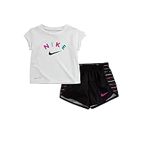 Nike Girl`s Graphic Print T Shirt & Shorts 2 Piece Set (Black(26G431-023)/White, 18 Months)