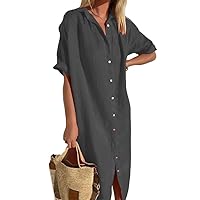 Cotton Linen Dress for Women Bell Sleeve Button Down Dress Short Sleeve V Neck Casual Shirt Cover up Long Dress