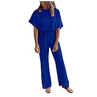 Jumpsuits for Women Summer Loose Casual Tie Round Neck Jumpsuit Solid Short Sleeve Jumpsuit
